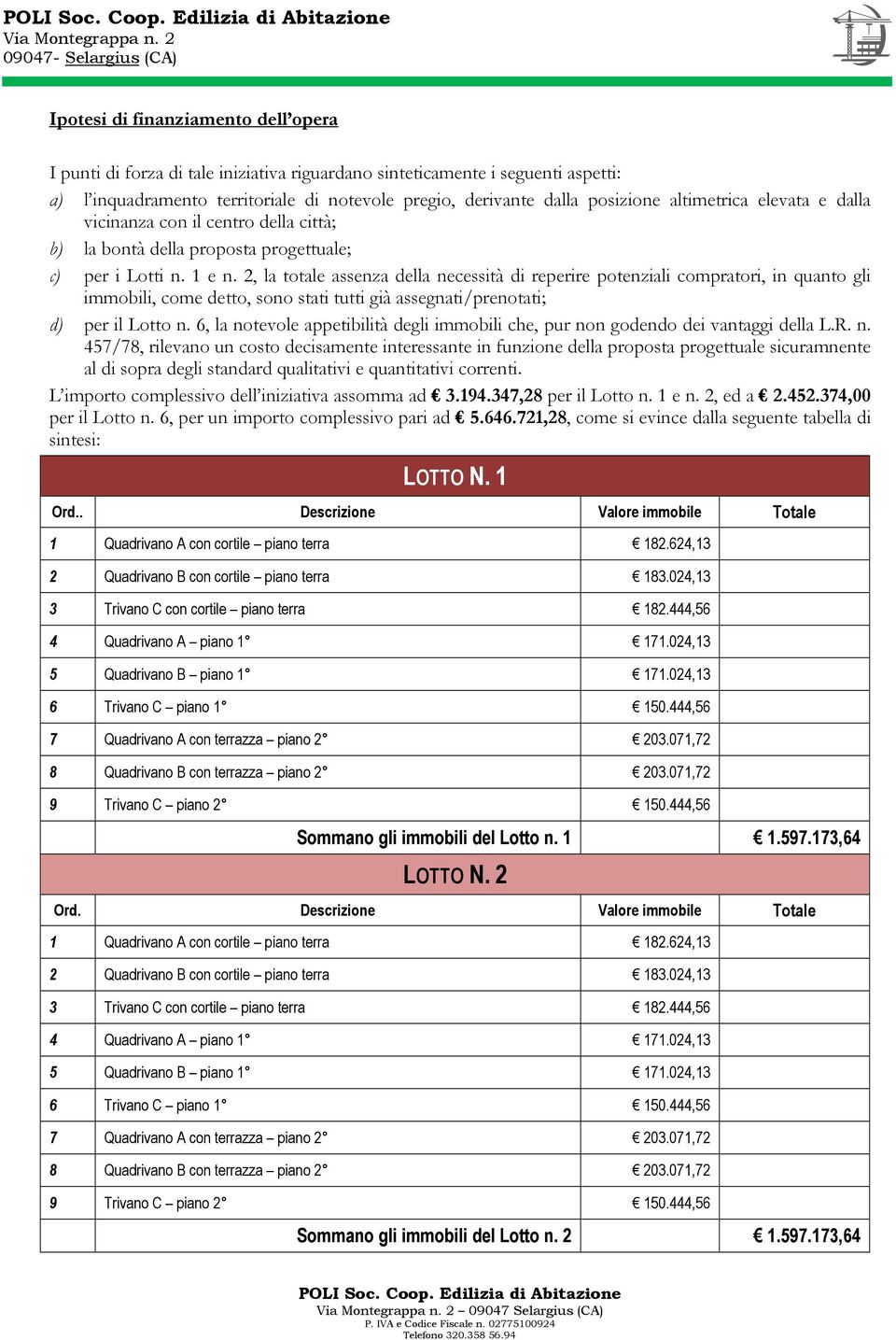 derivante dalla posizione altimetrica elevata e dalla vicinanza con il centro della città; b) la bontà della proposta progettuale; c) per i Lotti n. 1 e n.