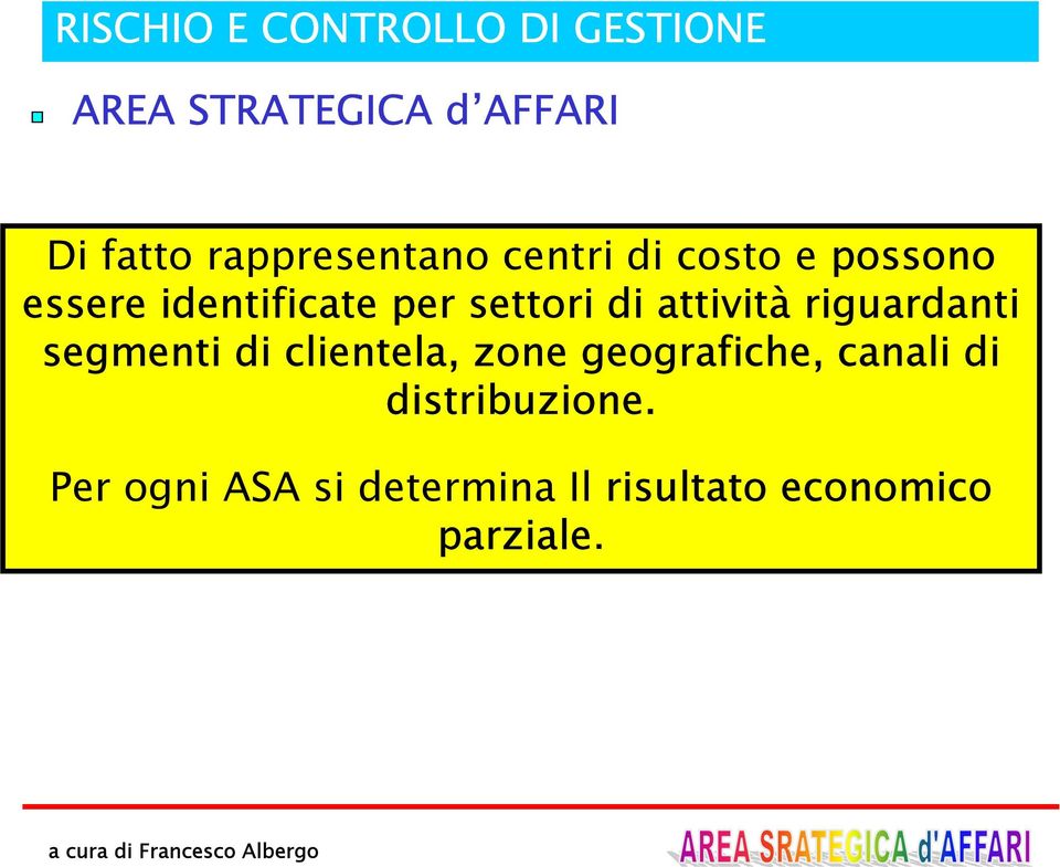 di clientela, zone geografiche, canali di distribuzione.