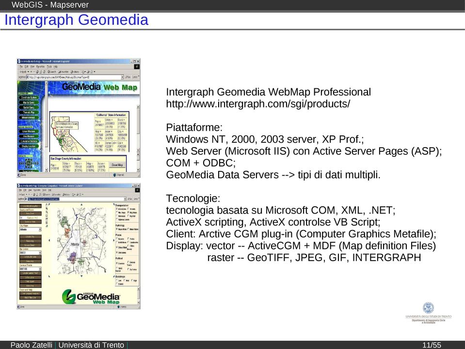 ; Web Server (Microsoft IIS) con Active Server Pages (ASP); COM + ODBC; GeoMedia Data Servers --> tipi di dati multipli.