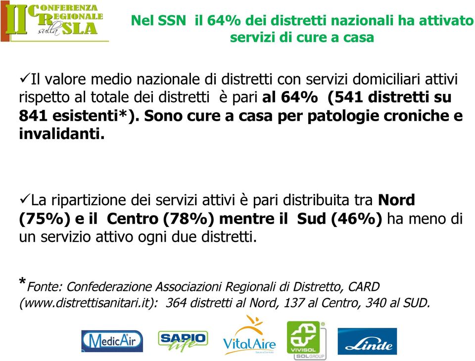 La ripartizione dei servizi attivi è pari distribuita tra Nord (75%) e il Centro (78%) mentre il Sud (46%) ha meno di un servizio attivo ogni