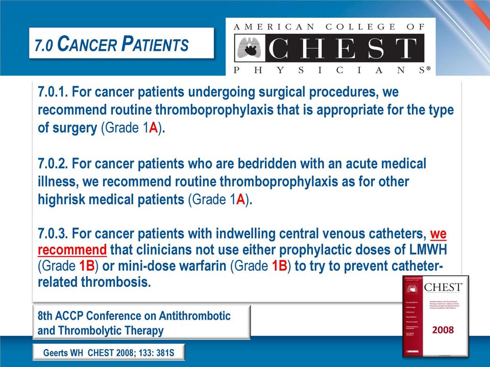 For cancer patients who are bedridden with an acute medical illness, we recommend routine thromboprophylaxis as for other highrisk medical patients (Grade 1A). 7.0.3.