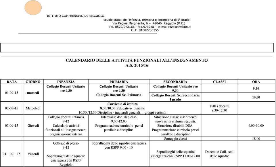 30 Collegio Docenti Sc. Primaria Collegio Docenti Sc. Secondaria I grado 10,30 02 09 15 Mercoledì Curricolo di istituto Tutti i docenti 8.30/10.30 Educativo Insieme 8.30 12.30 10.30 /12.