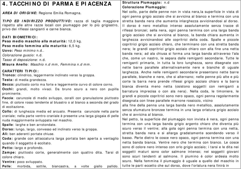 Peso medio maschio alla maturità: 12,0 kg. Peso medio femmina alla maturità: 6,5 kg. Uovo: Peso minimo n.d.. Colorazione guscio: n.d. Tasso di deposizione: n.d. Misura Anello: Maschio n.