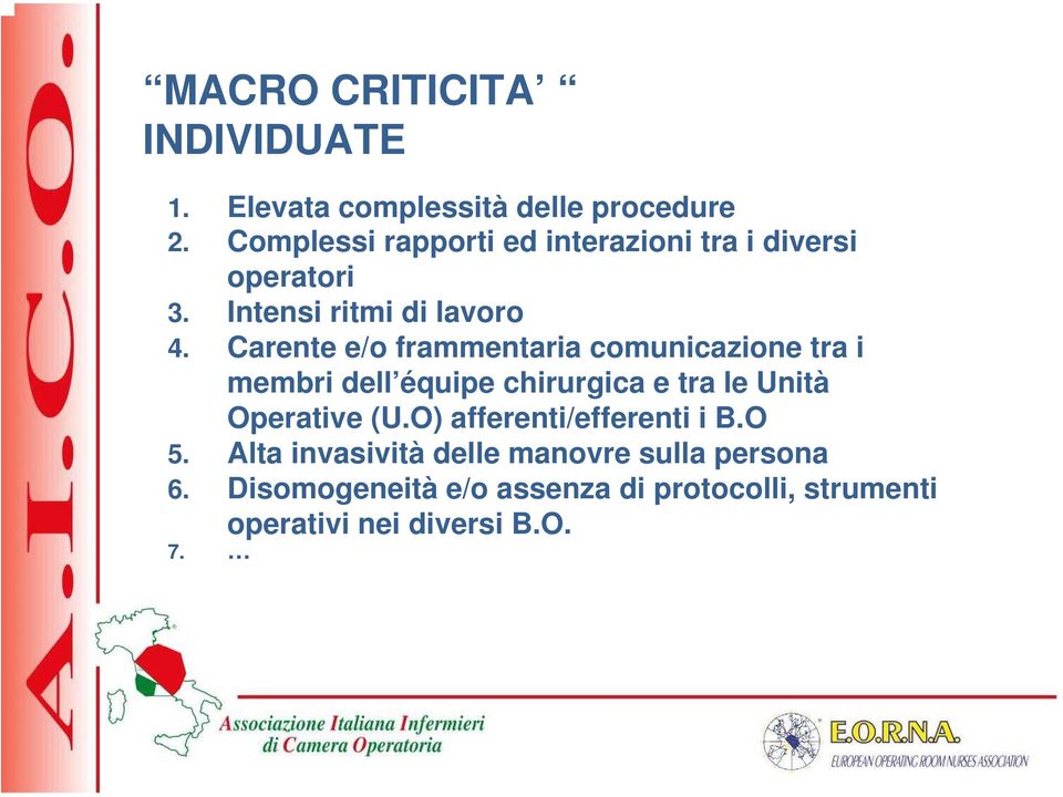 Carente e/o frammentaria comunicazione tra i membri dell équipe chirurgica e tra le Unità Operative (U.