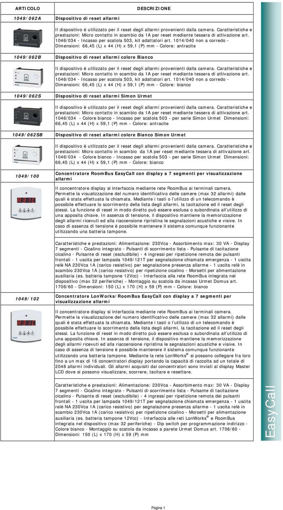 1014/040 non a corredo - Dimensioni: 66,45 (L) x 44 (H) x 59,1 (P) mm - Colore: antracite 1049/062B Dispositivo di reset allarmi colore Bianco Il dispositivo è utilizzato per il reset degli allarmi