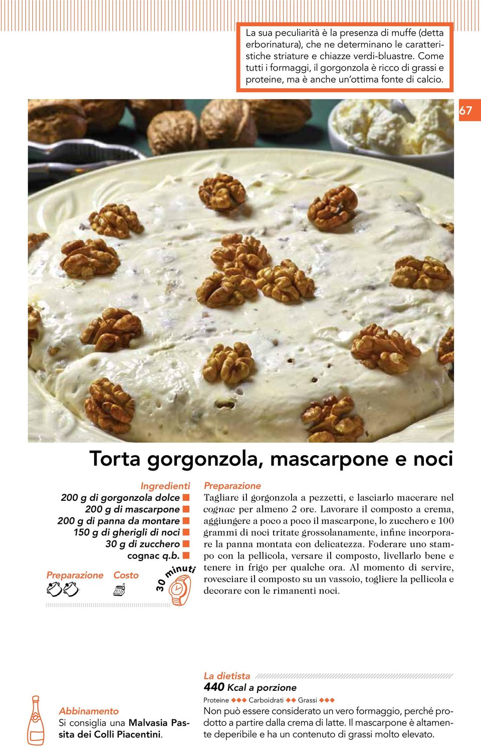 67 Torta gorgonzola, mascarpone e noci 200 g di gorgonzola dolce 200 g di mascarpone 200 g di panna da montare 150 g di gherigli di noci 30 g di zucchero cognac q.b.