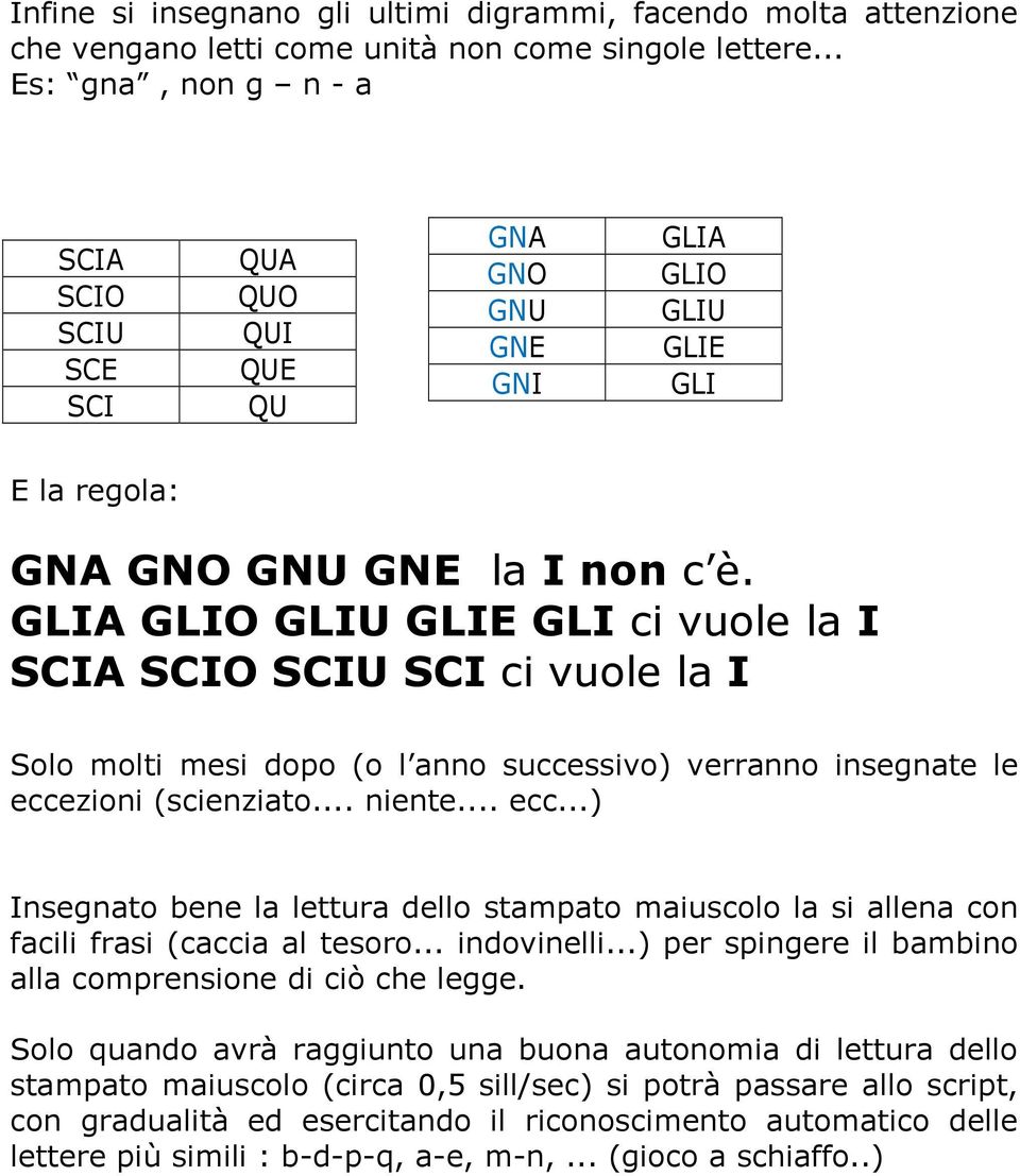 GLIA GLIO GLIU GLIE GLI ci vuole la I SCIA SCIO SCIU SCI ci vuole la I Solo molti mesi dopo (o l anno successivo) verranno insegnate le ecce