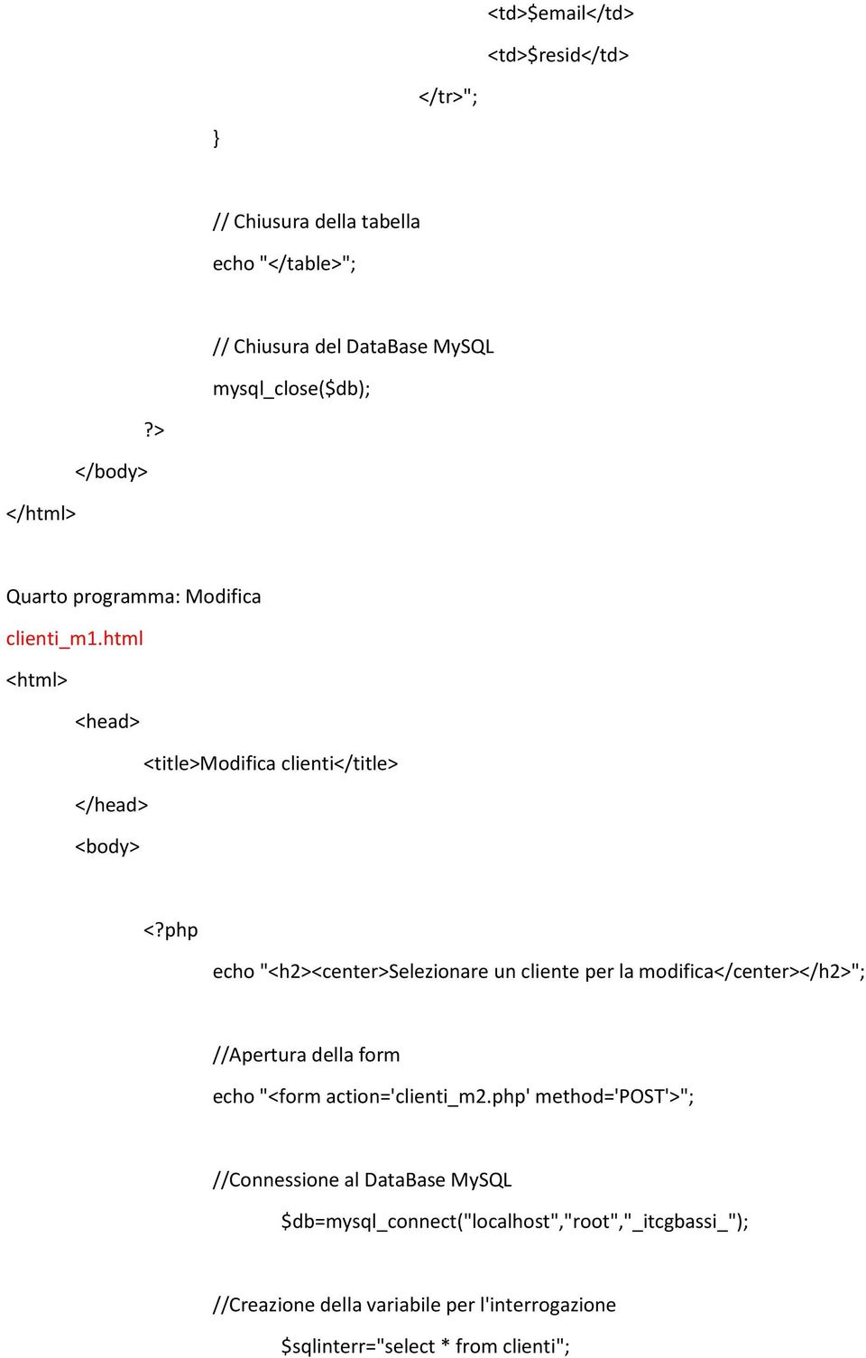 php echo "<h2><center>selezionare un cliente per la modifica</center></h2>"; //Apertura della form echo "<form action='clienti_m2.