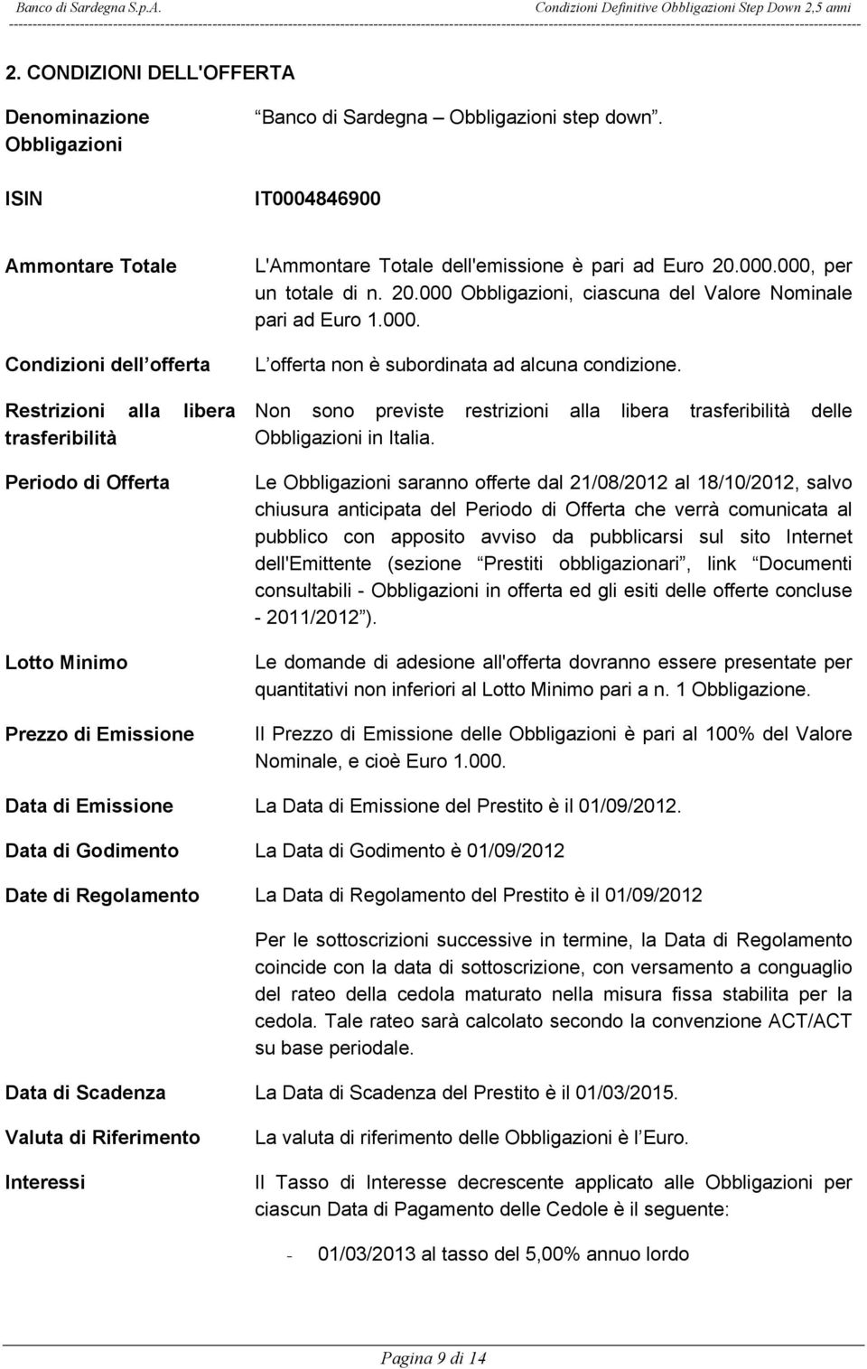 IT0004846900 Ammontare Totale Condizioni dell offerta Restrizioni alla libera trasferibilità Periodo di Offerta Lotto Minimo Prezzo di Emissione L'Ammontare Totale dell'emissione è pari ad Euro 20.