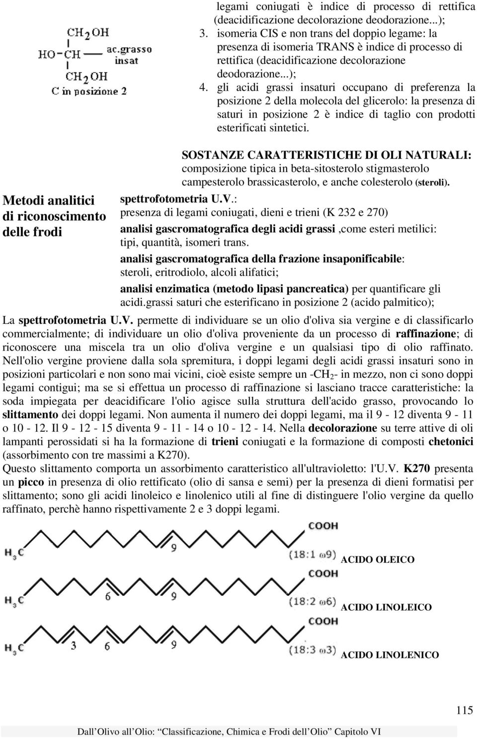 gli acidi grassi insaturi occupano di preferenza la posizione 2 della molecola del glicerolo: la presenza di saturi in posizione 2 è indice di taglio con prodotti esterificati sintetici.