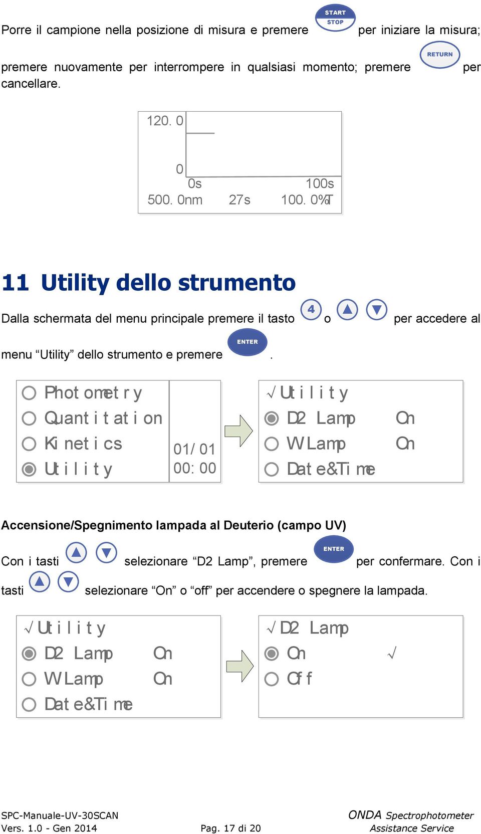 at i on Ki net i cs Ut i l i t y 01/ 01 00: 00 Ut i l i t y D2 Lamp W Lamp Dat e&ti me On On Accensione/Spegnimento lampada al Deuterio (campo UV) Con i tasti tasti selezionare D2 Lamp,