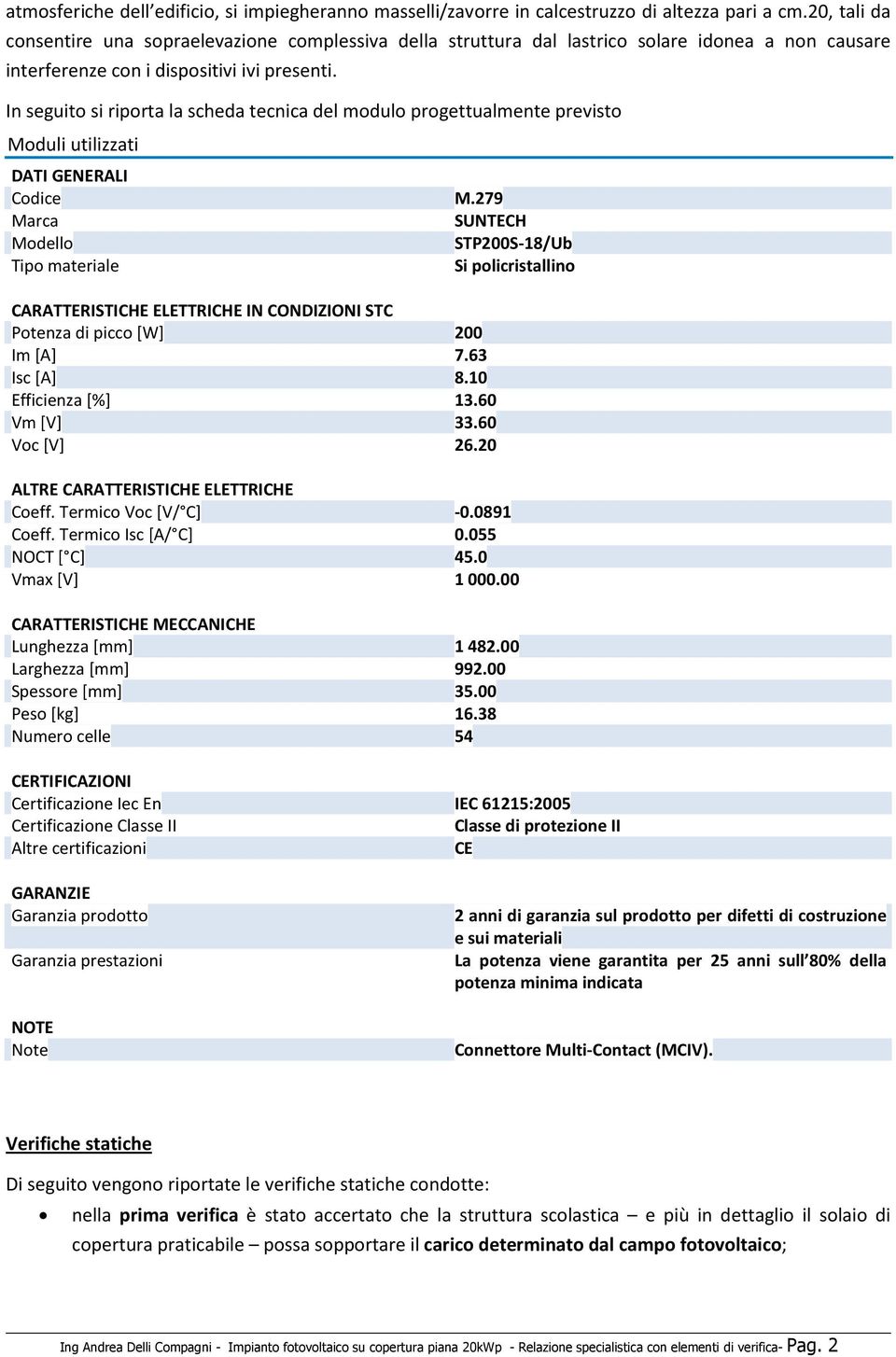 In seguito si riporta la scheda tecnica del modulo progettualmente previsto Moduli utilizzati DATI GENERALI Codice M.