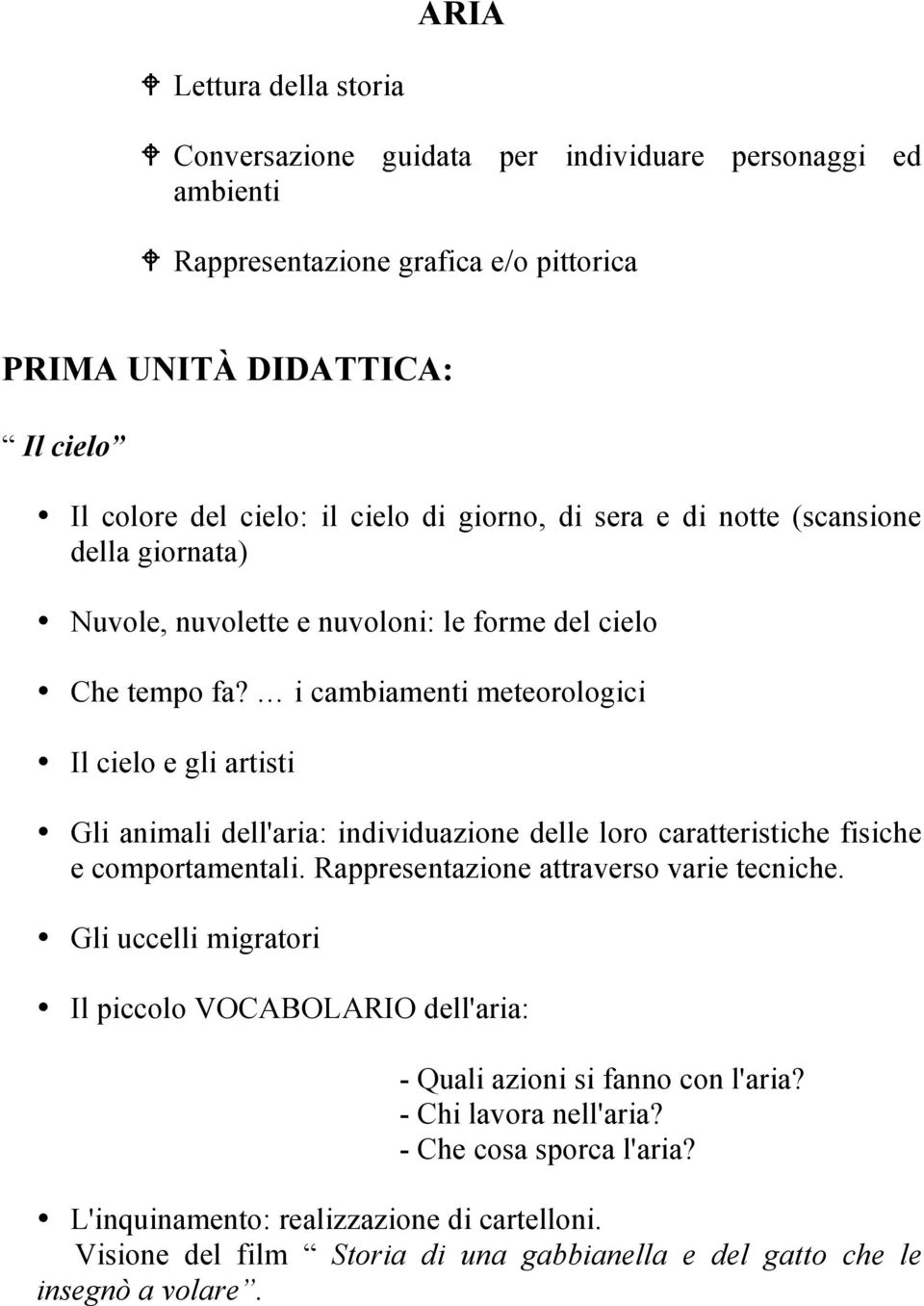 i cambiamenti meteorologici Il cielo e gli artisti Gli animali dell'aria: individuazione delle loro caratteristiche fisiche e comportamentali. Rappresentazione attraverso varie tecniche.