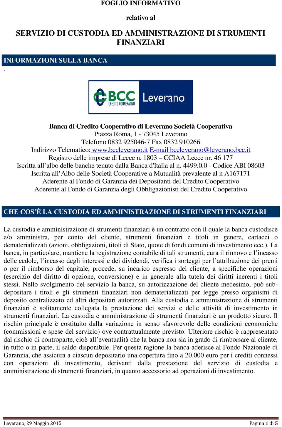 bcc.it Registro delle imprese di Lecce n. 1803