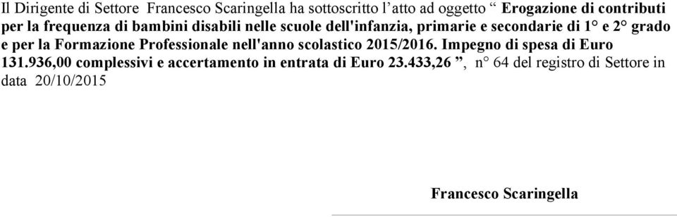 Formazione Professionale nell'anno scolastico 2015/2016. Impegno di spesa di Euro 131.