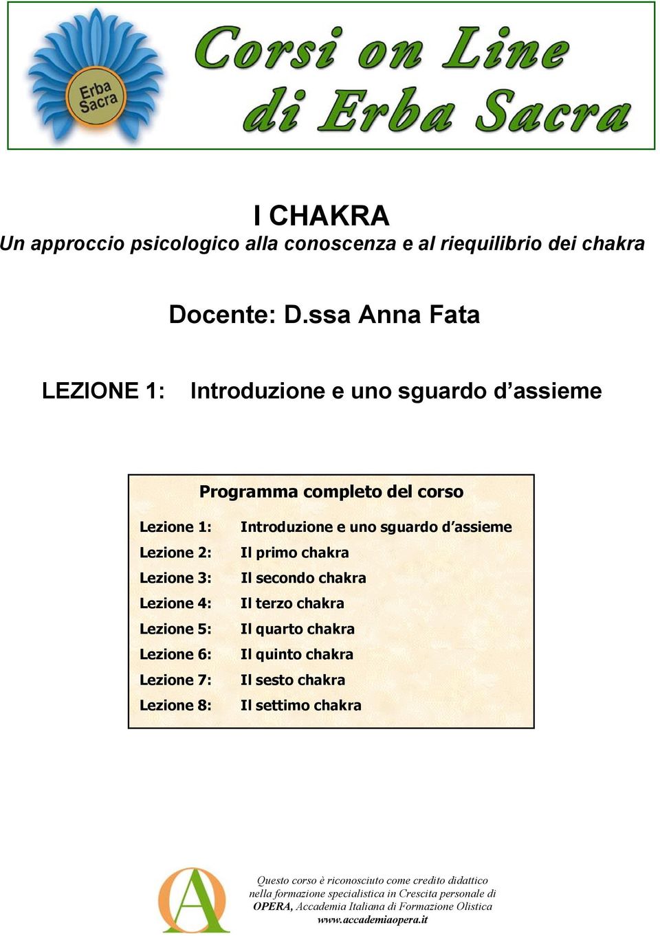 Lezione 6: Lezione 7: Lezione 8: Introduzione e uno sguardo d assieme Il primo chakra Il secondo chakra Il terzo chakra Il quarto chakra Il quinto