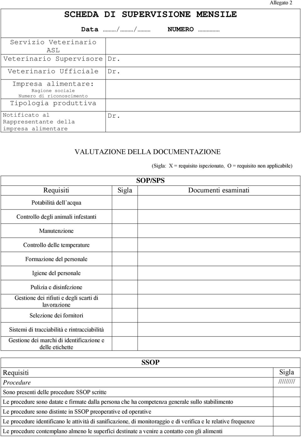 NUMERO Allegato 2 VALUTAZIONE DELLA DOCUMENTAZIONE (Sigla: X = requisito ispezionato, O = requisito non applicabile) SOP/SPS Requisiti Sigla Documenti esaminati Potabilità dell acqua Controllo degli