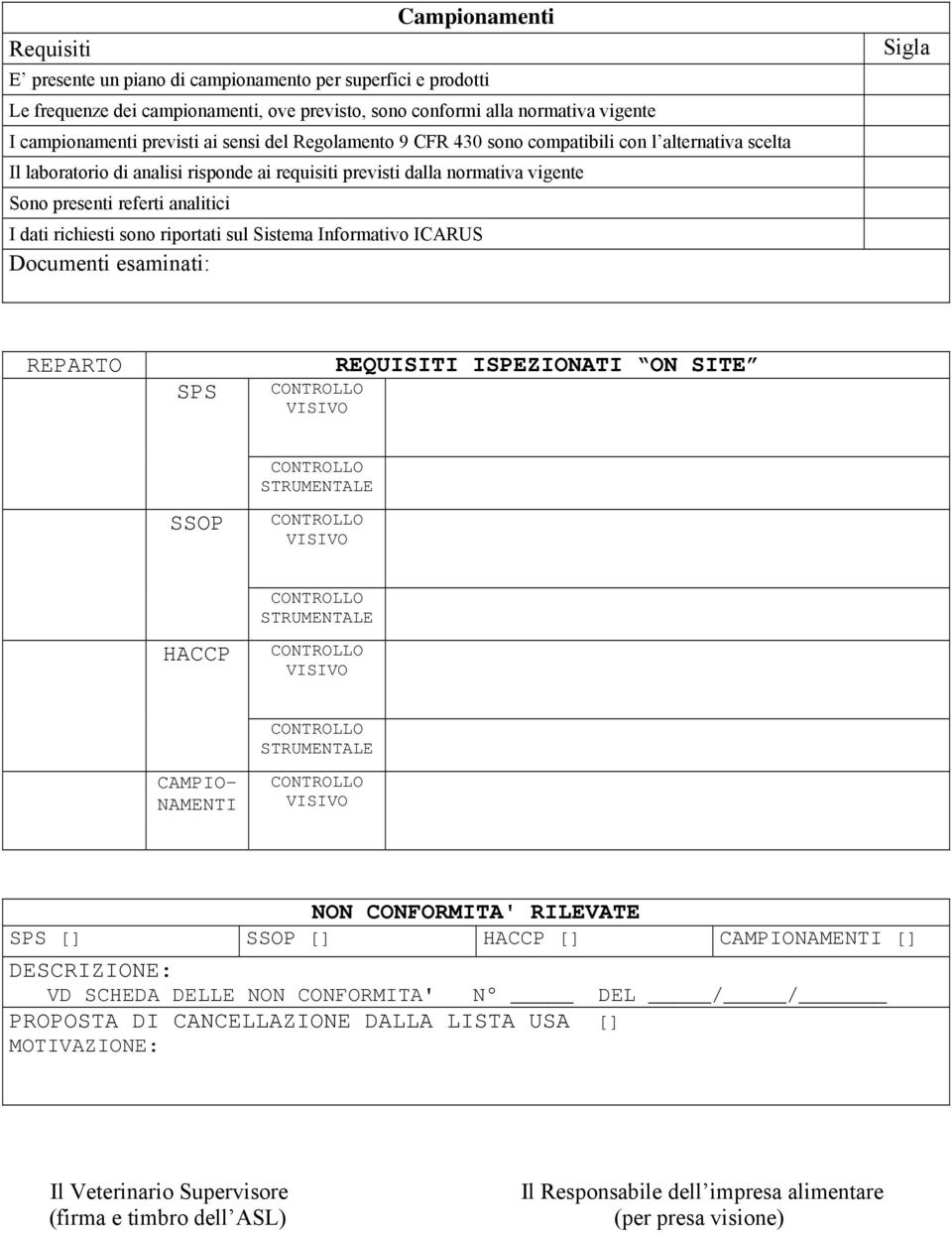 richiesti sono riportati sul Sistema Informativo ICARUS Documenti esaminati: Sigla REPARTO SPS REQUISITI ISPEZIONATI ON SITE SSOP STRUMENTALE HACCP STRUMENTALE CAMPIO- NAMENTI STRUMENTALE NON