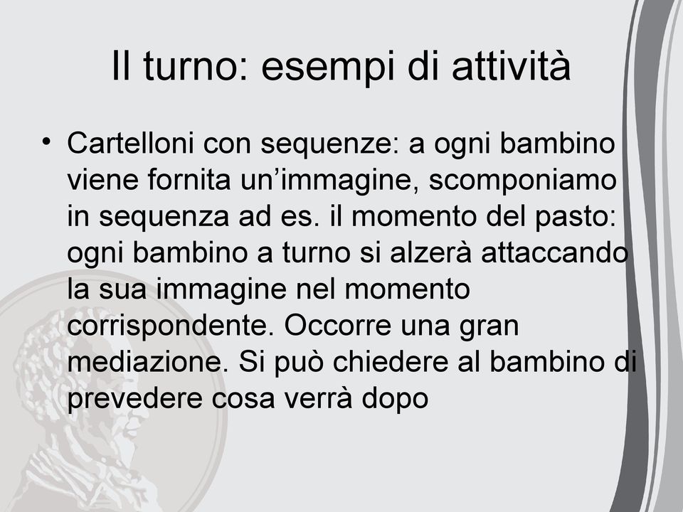 il momento del pasto: ogni bambino a turno si alzerà attaccando la sua immagine