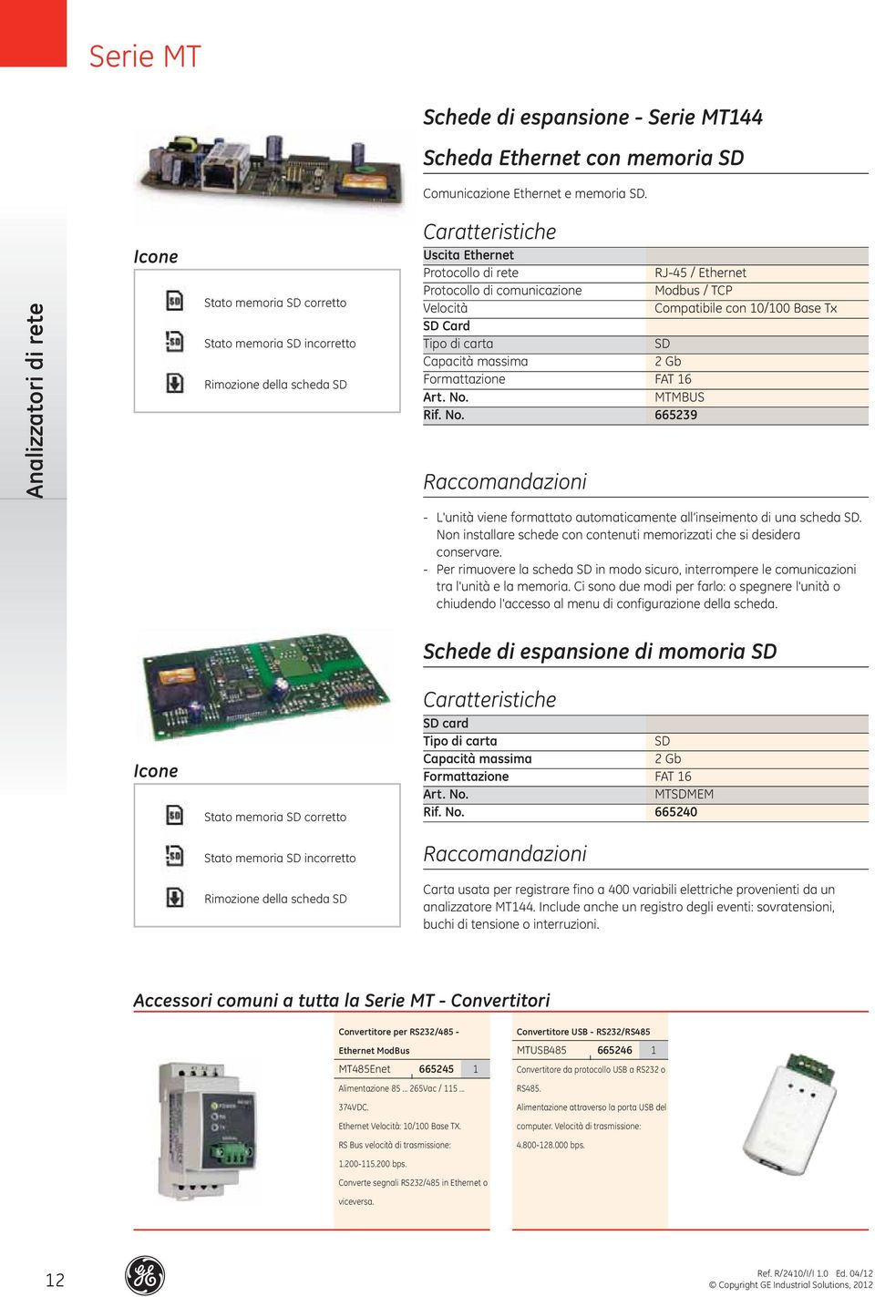 carta Capacità massima Formattazione Raccomandazioni Modbus / TCP SD 2 Gb MTMBUS 66529 L'unità viene formattato automaticamente all inseimento di una scheda SD.