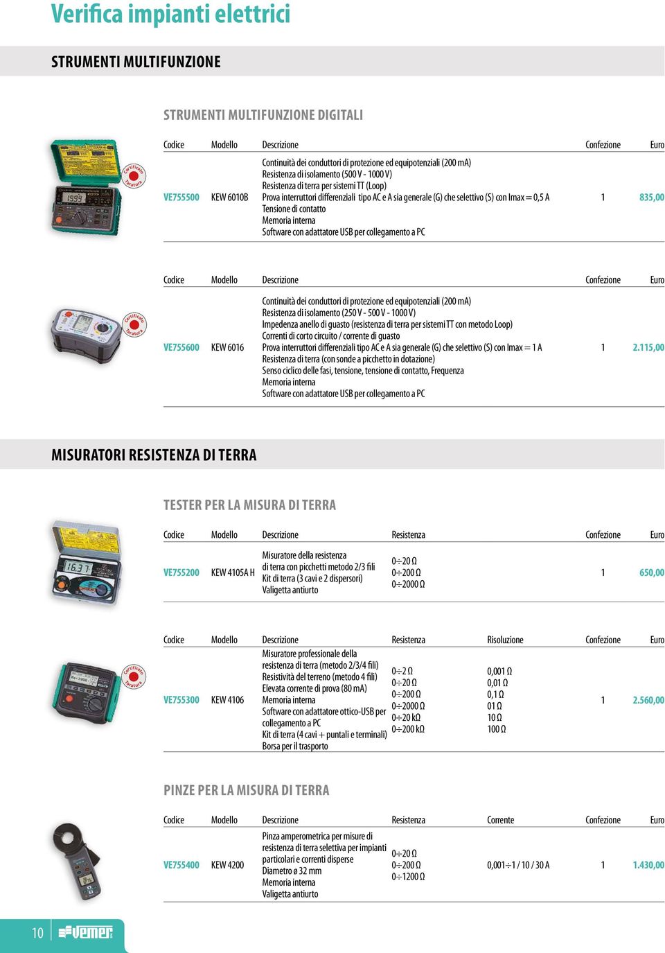 0,5 A Tensione di contatto Memoria interna Software con adattatore USB per collegamento a PC 1 835,00 Codice Modello Descrizione Confezione Euro VE755600 KEW 6016 Continuità dei conduttori di