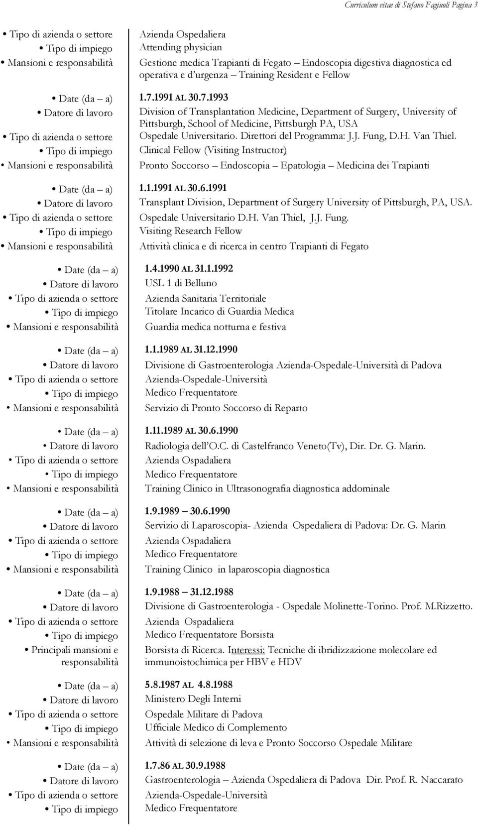 Direttori del Programma: J.J. Fung, D.H. Van Thiel. Clinical Fellow (Visiting Instructor) Pronto Soccorso Endoscopia Epatologia Medicina dei Trapianti Date (da a) 1.1.1991 AL 30.6.