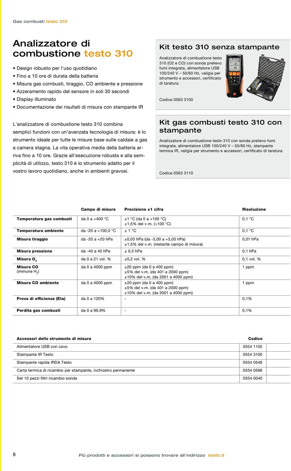 CO) con sonda prelievo fumi integrata, alimentatore USB 100/240 V 50/60 Hz, valigia per strumento e accessori, certificato di taratura.