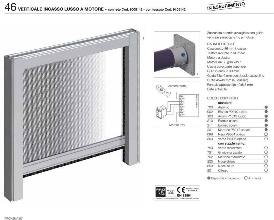 Motore da 30 g/m 24V * Uscita cavo parte superiore Rullo interno Ø 30 mm Guida 33x46 mm con doppio spazzolino Cuffi a 45x49 mm (su due lati) Fondale appesantito 40x8,5 mm Rete antracite Motore 24v