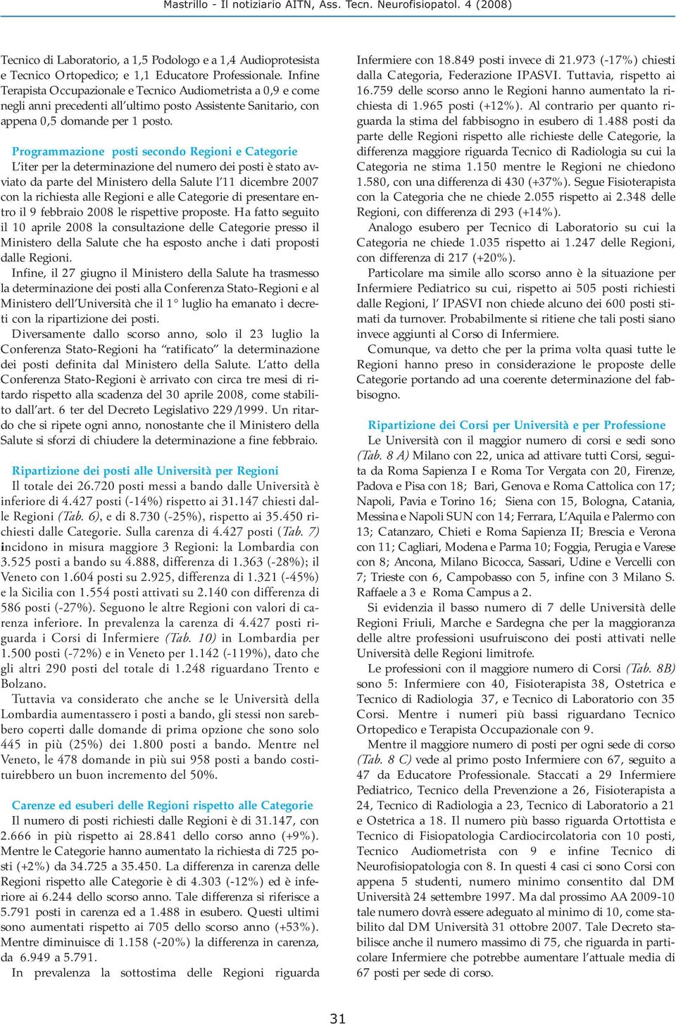 Programmazione posti secondo Regioni e Categorie L iter per la determinazione del numero dei posti è stato avviato da parte del Ministero della Salute l 11 dicembre 2007 con la richiesta alle Regioni