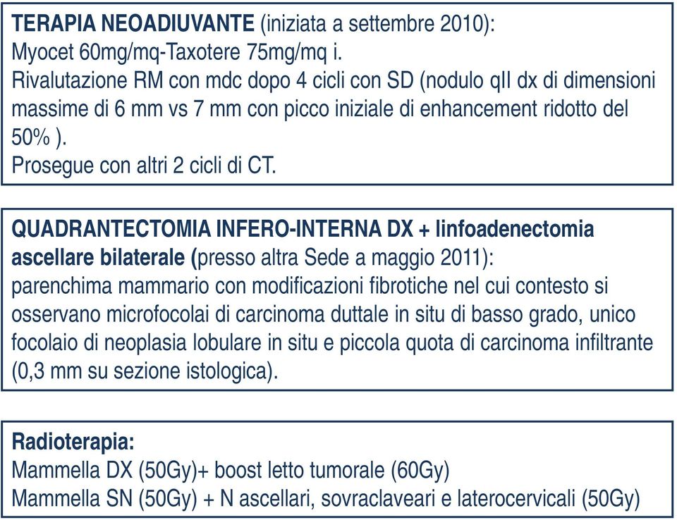 QUADRANTECTOMIA INFERO-INTERNA DX + linfoadenectomia ascellare bilaterale (presso altra Sede a maggio 2011): parenchima mammario con modificazioni fibrotiche nel cui contesto si osservano