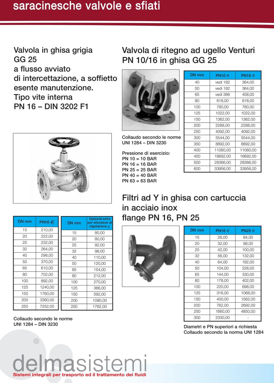 25 = 25 BAR PN 40 = 40 BAR PN 63 = 63 BAR DN mm PN10 PN16 40 vedi 182 364,00 50 vedi 182 364,00 65 vedi 366 458,00 80 618,00 618,00 100 780,00 780,00 125 1022,00 1022,00 150 1362,00 1362,00 200