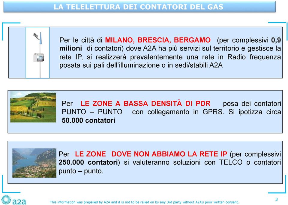 in sedi/stabili A2A Per LE ZONE A BASSA DENSITÀ DI PDR posa dei contatori PUNTO PUNTO con collegamento in GPRS. Si ipotizza circa 50.