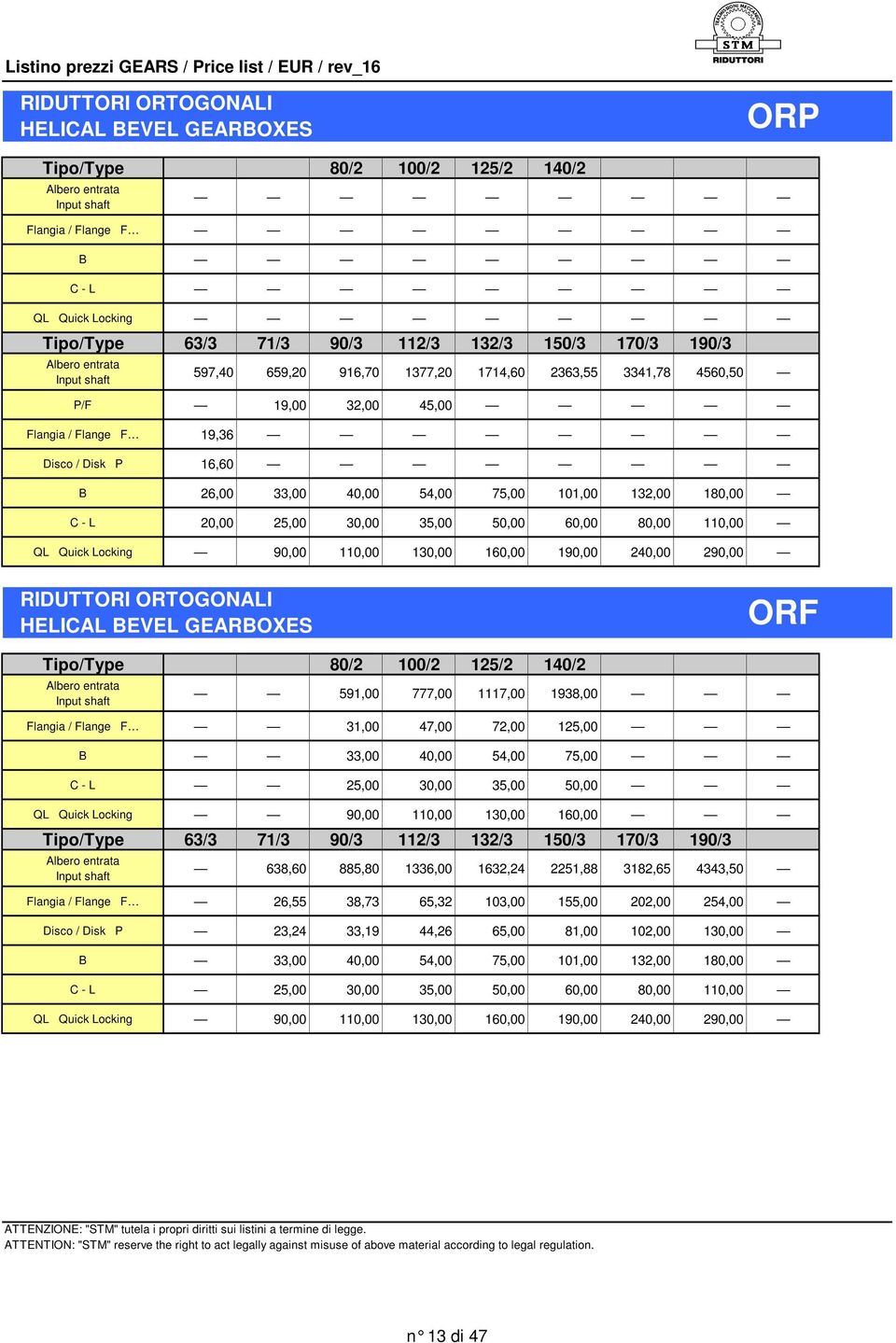 101,00 132,00 180,00 C - L 20,00 25,00 30,00 35,00 50,00 60,00 80,00 110,00 QL Quick Locking 90,00 110,00 130,00 160,00 190,00 240,00 290,00 RIDUTTORI ORTOGONALI HELICAL BEVEL GEARBOXES ORF Tipo/Type