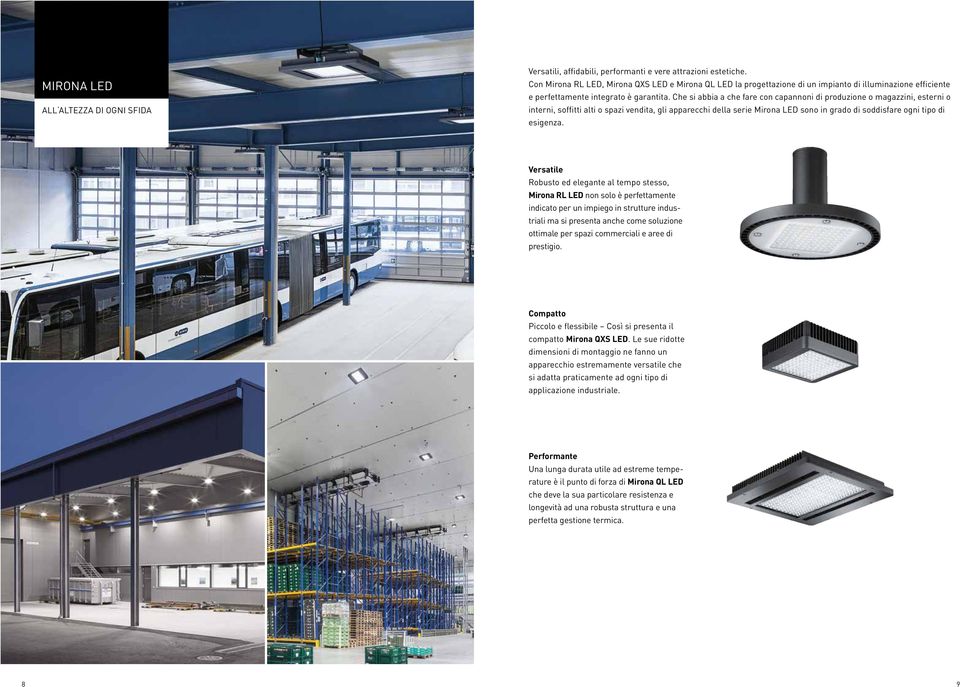 Che si abbia a che fare con capannoni di produzione o magazzini, esterni o interni, soffitti alti o spazi vendita, gli apparecchi della serie Mirona LED sono in grado di soddisfare ogni tipo di