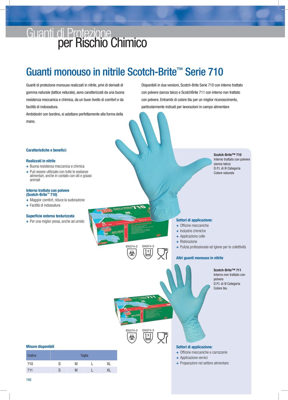 Disponibili in due versioni, Scotch-Brite Serie 710 con interno trattato con polvere (senza talco) e ScotchBrite 711 con interno non trattato con polvere.