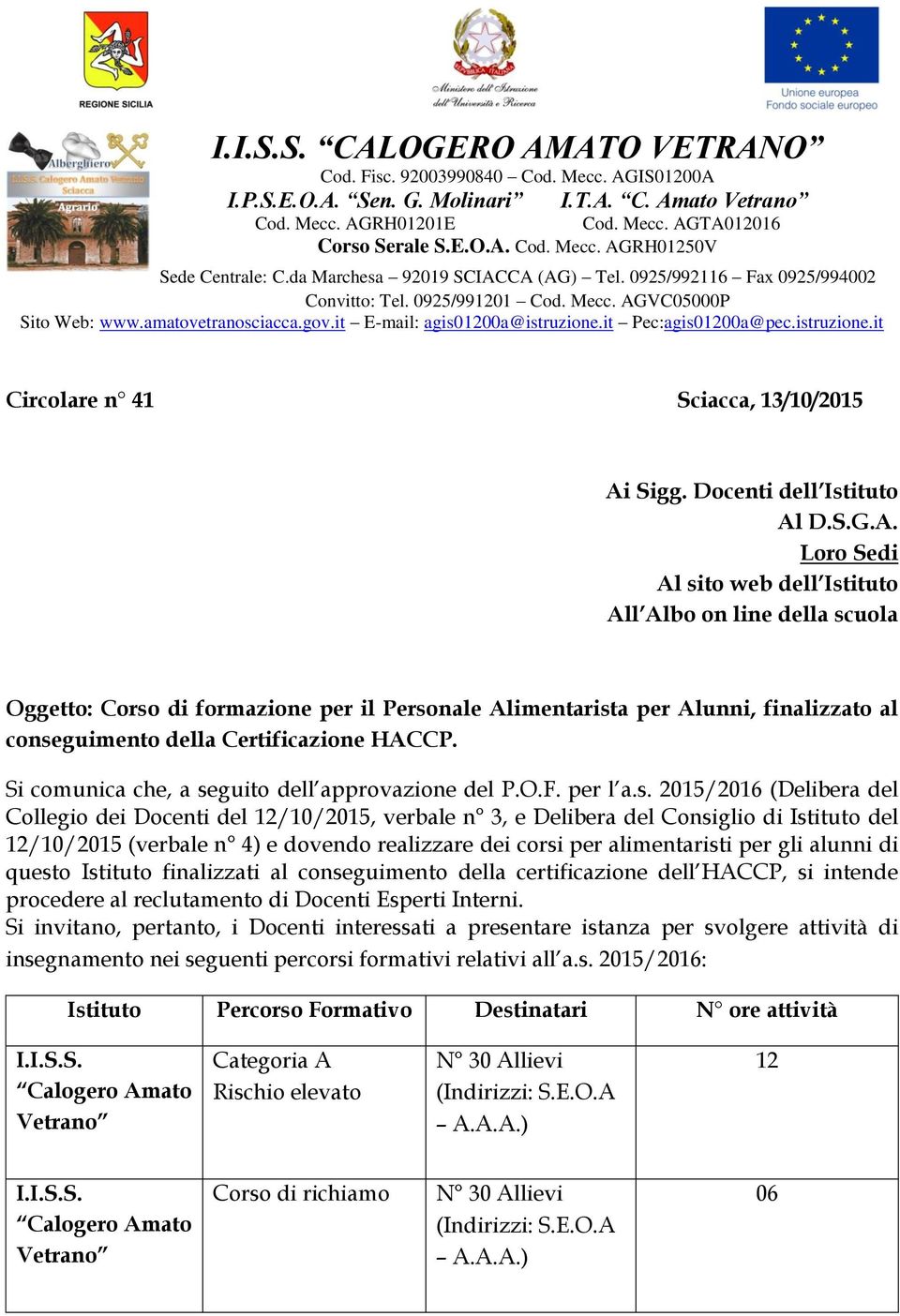 it Pec:agis01200a@pec.istruzione.it Circolare n 41 Sciacca, 13/10/2015 Ai