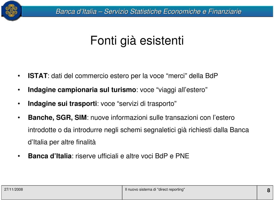 transazioni con l estero introdotte o da introdurre negli schemi segnaletici già richiesti dalla Banca d Italia per