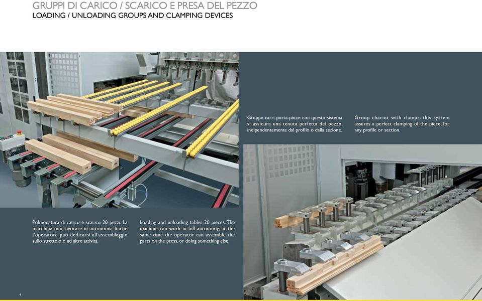 Group chariot with clamps: this system assures a perfect clamping of the piece, for any profile or section. Polmonatura di carico e scarico 20 pezzi.