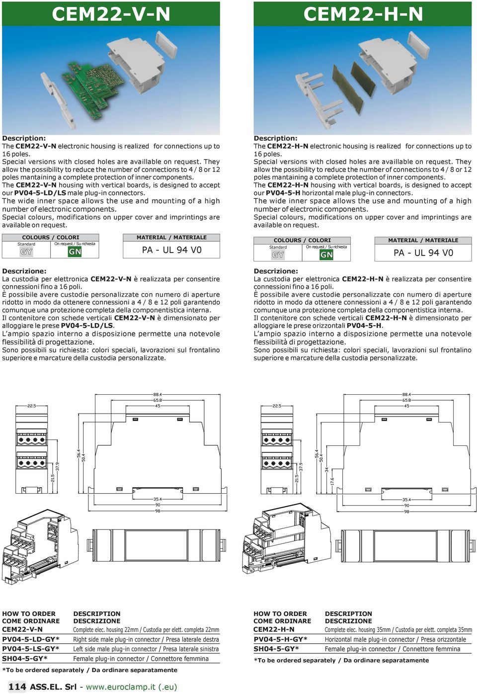 The CEM-V-N housing with vertical boards, is designed to accept our PV04-5-LD/LS male plug-in connectors. The wide inner space allows the use and mounting of a high number of electronic components.