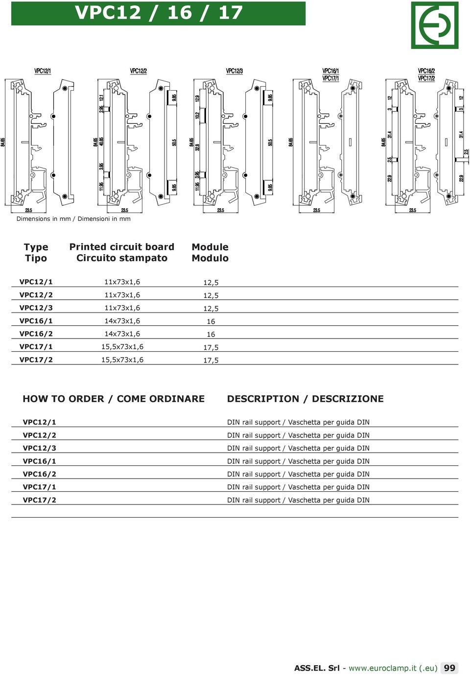 VPC16/ VPC17/1 VPC17/ DIN rail support / Vaschetta per guida DIN DIN rail support / Vaschetta per guida DIN DIN rail support / Vaschetta per guida DIN DIN rail support /