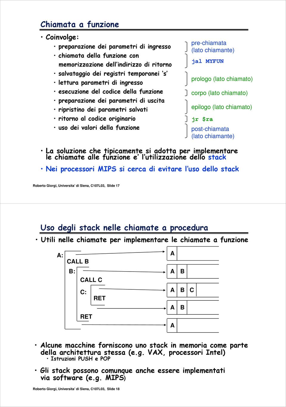 chiamante) jal MYFUN prologo (lato chiamato) corpo (lato chiamato) epilogo (lato chiamato) jr $ra post-chiamata (lato chiamante) La soluzione che tipicamente si adotta per implementare le chiamate