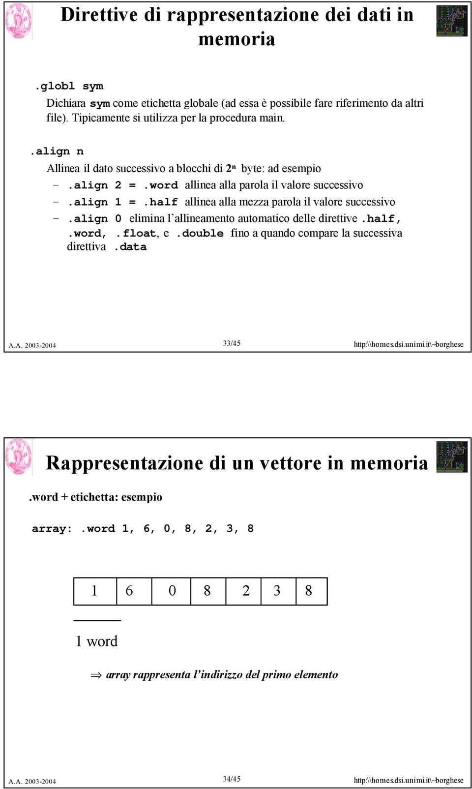 align 1 =.half allinea alla mezza parola il valore successivo.align 0 elimina l allineamento automatico delle direttive.half,.word,.float, e.