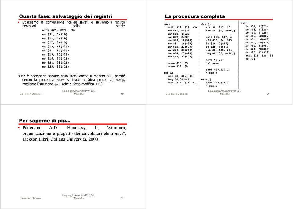 : è necessario salvare nello stack anche il registro $31 perché dentro la procedura sort si invoca un altra procedura, swap, mediante l istruzione jal (che di fatto modifica $31).