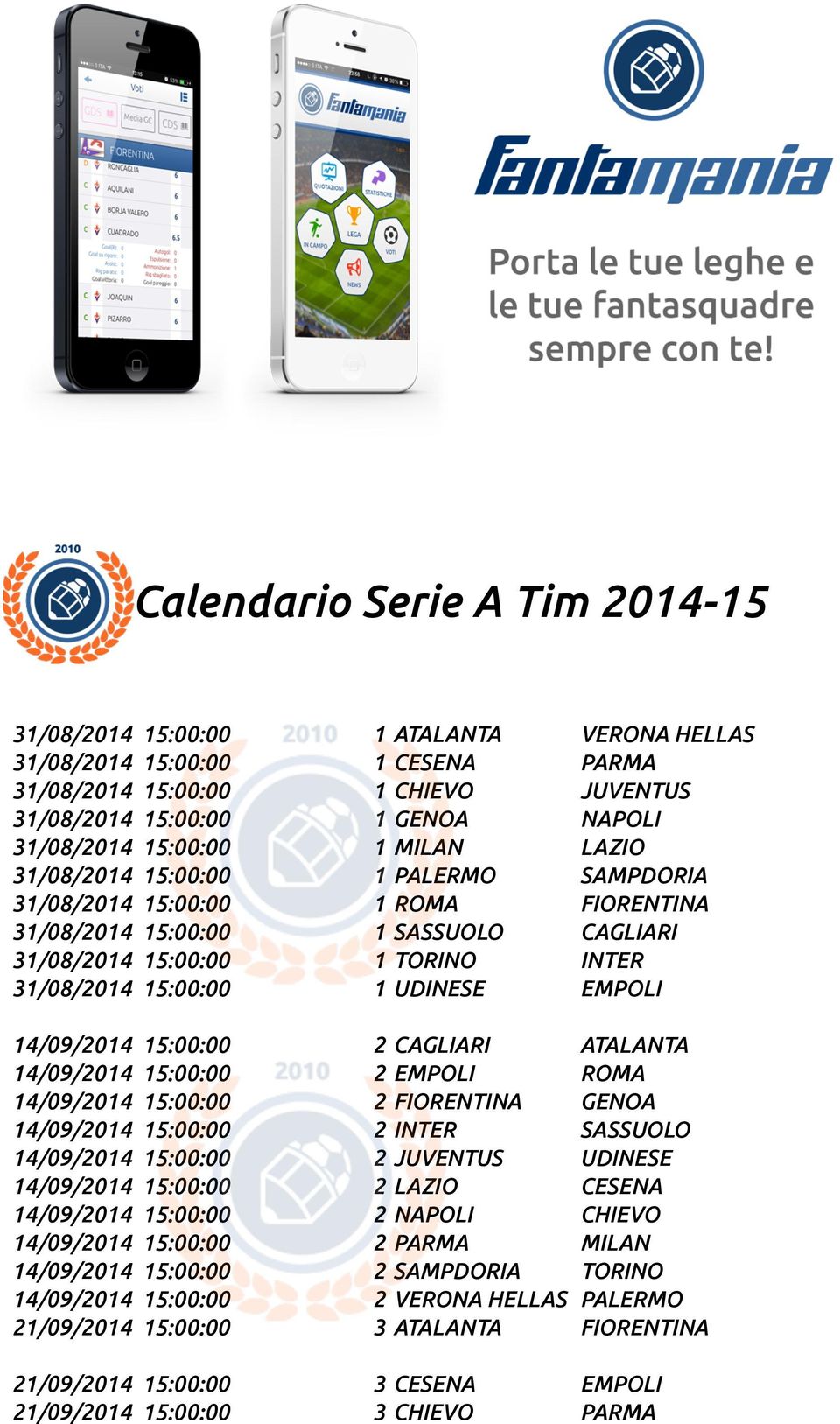 UDINESE EMPOLI 14/09/2014 15:00:00 2 CAGLIARI ATALANTA 14/09/2014 15:00:00 2 EMPOLI ROMA 14/09/2014 15:00:00 2 FIORENTINA GENOA 14/09/2014 15:00:00 2 INTER SASSUOLO 14/09/2014 15:00:00 2 JUVENTUS