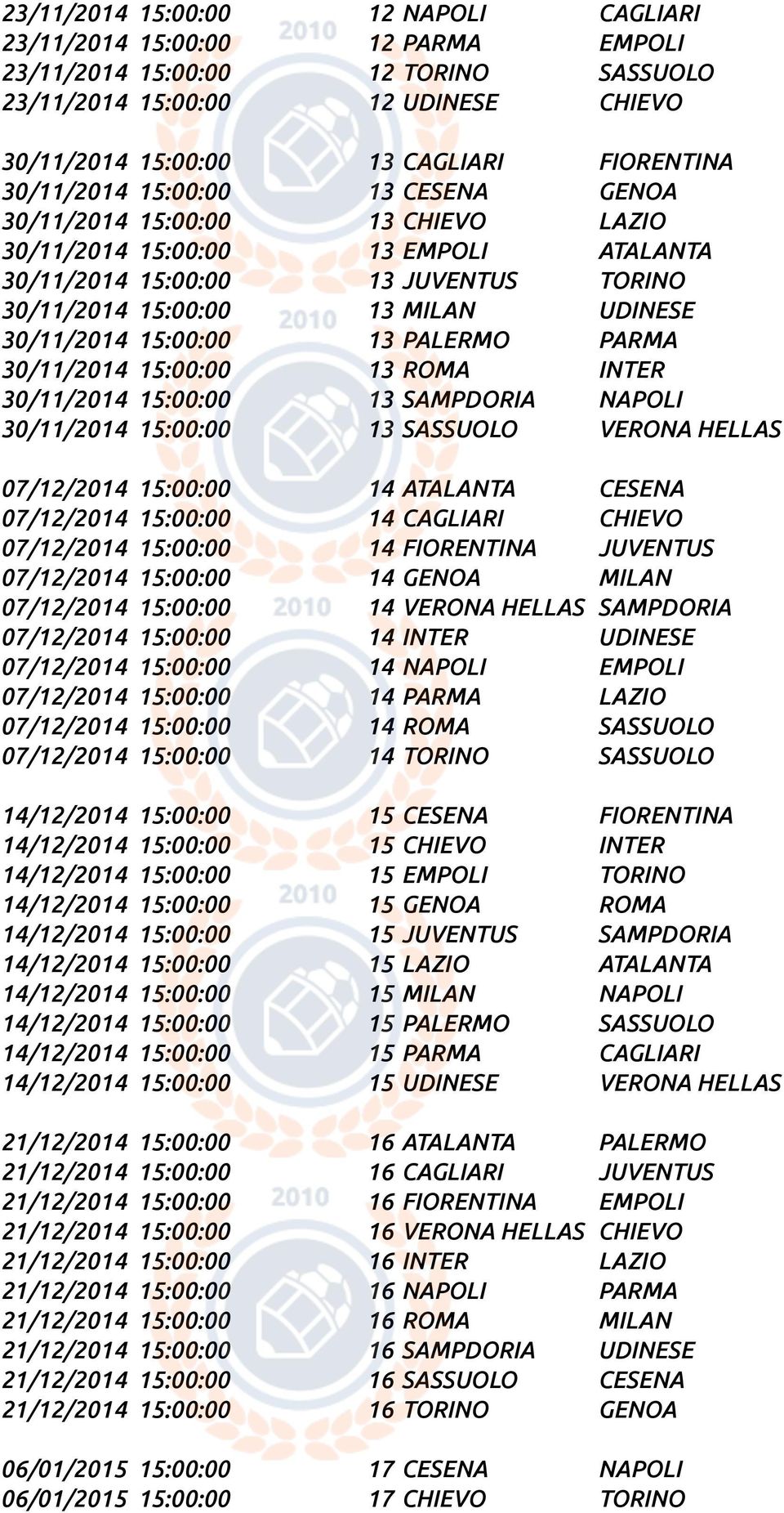 15:00:00 13 PALERMO PARMA 30/11/2014 15:00:00 13 ROMA INTER 30/11/2014 15:00:00 13 SAMPDORIA NAPOLI 30/11/2014 15:00:00 13 SASSUOLO VERONA HELLAS 07/12/2014 15:00:00 14 ATALANTA CESENA 07/12/2014