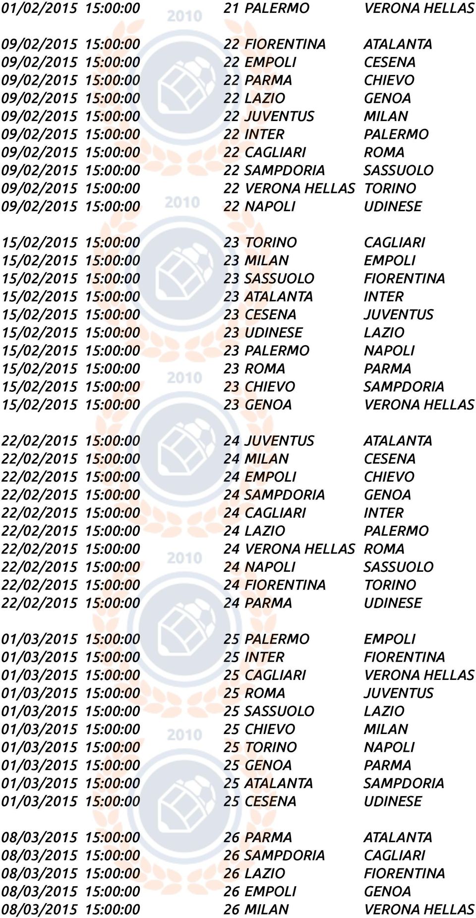 09/02/2015 15:00:00 22 NAPOLI UDINESE 15/02/2015 15:00:00 23 TORINO CAGLIARI 15/02/2015 15:00:00 23 MILAN EMPOLI 15/02/2015 15:00:00 23 SASSUOLO FIORENTINA 15/02/2015 15:00:00 23 ATALANTA INTER