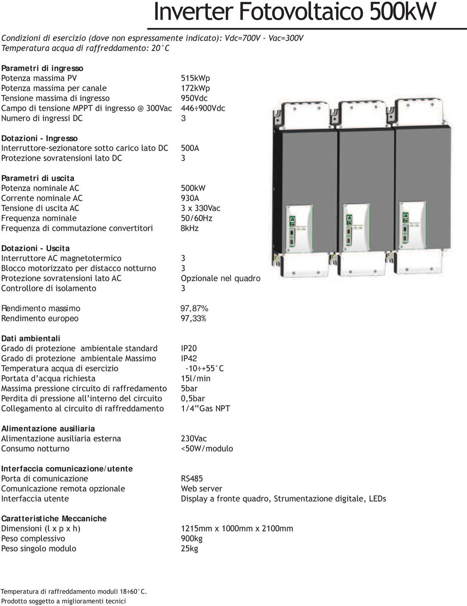 sotto carico lato DC 500A Protezione sovratensioni lato DC 3 Parametri di uscita Potenza nominale AC Corrente nominale AC Tensione di uscita AC Frequenza nominale Frequenza di commutazione