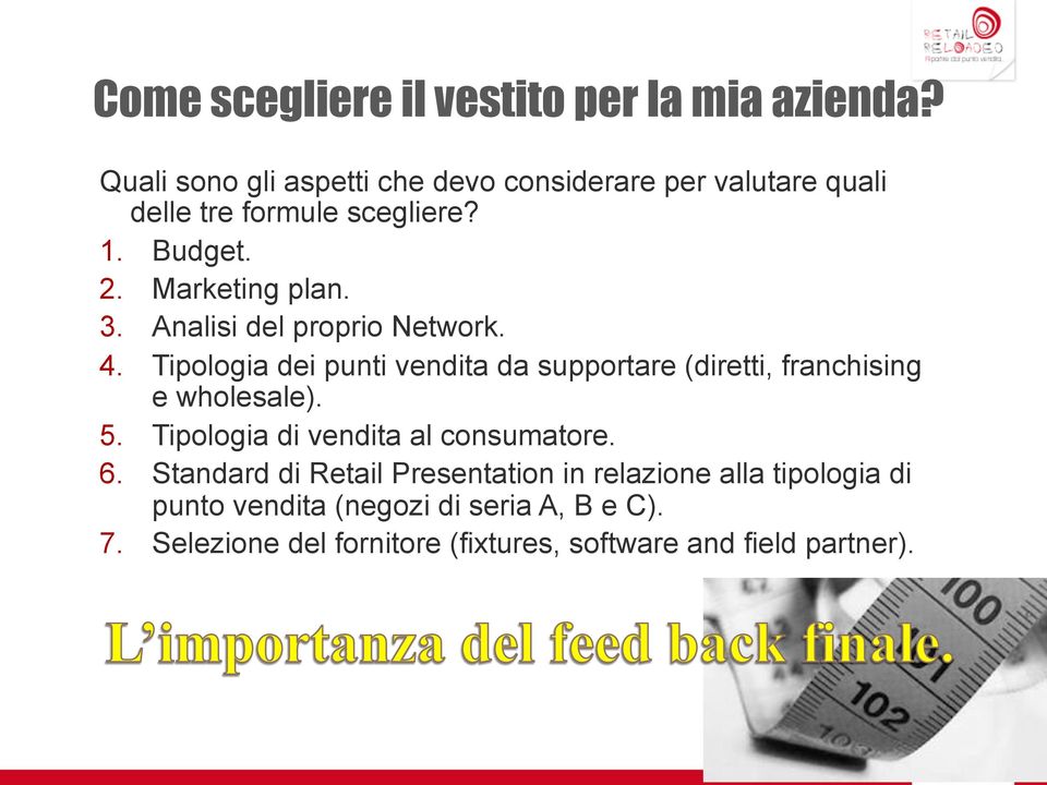 Analisi del proprio Network. 4. Tipologia dei punti vendita da supportare (diretti, franchising e wholesale). 5.