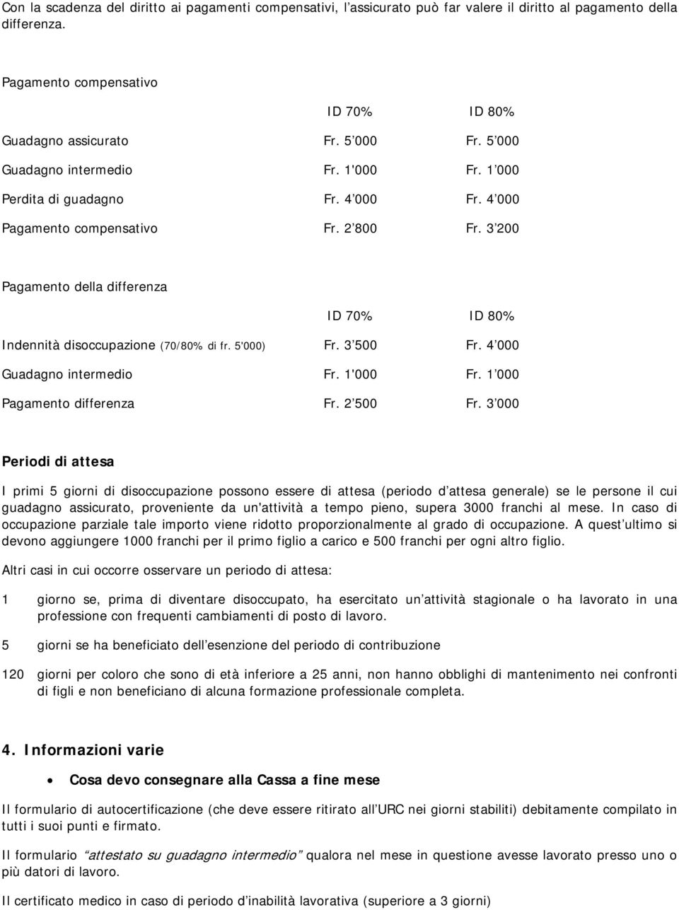 3 200 Pagamento della differenza ID 70% ID 80% Indennità disoccupazione (70/80% di fr. 5'000) Fr. 3 500 Fr. 4 000 Guadagno intermedio Fr. 1'000 Fr. 1 000 Pagamento differenza Fr. 2 500 Fr.