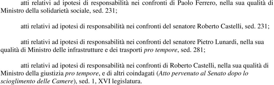 231; atti relativi ad ipotesi di responsabilità nei confronti del senatore Pietro Lunardi, nella sua qualità di Ministro delle infrastrutture e dei trasporti pro